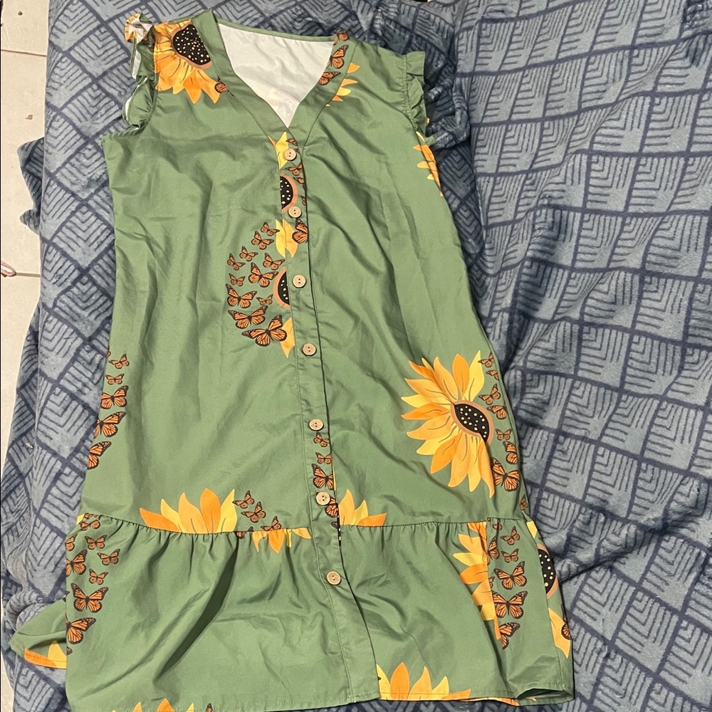Green Sunflower Print Dress